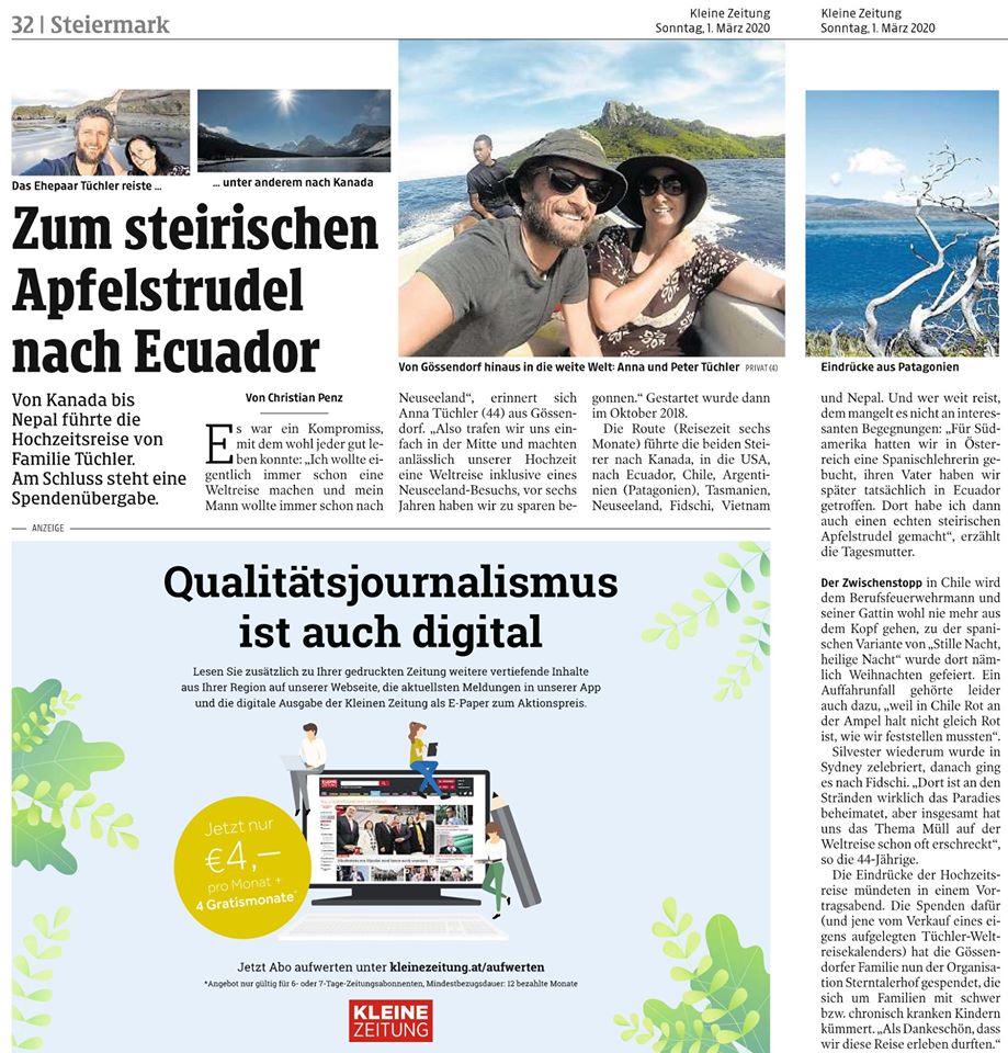 Heute auch in der Kleinen Zeitung ein Vorbericht zu In 6 Monaten um die Welt: Bilder und Gschichterl’n von Anna und Peter Tüchler Donnerstag 19. & Freitag 20. März jeweils 18:30 Veranstaltungszentrum Fernitz, Schulgasse 7 Eintritt: Freiwillige Spende