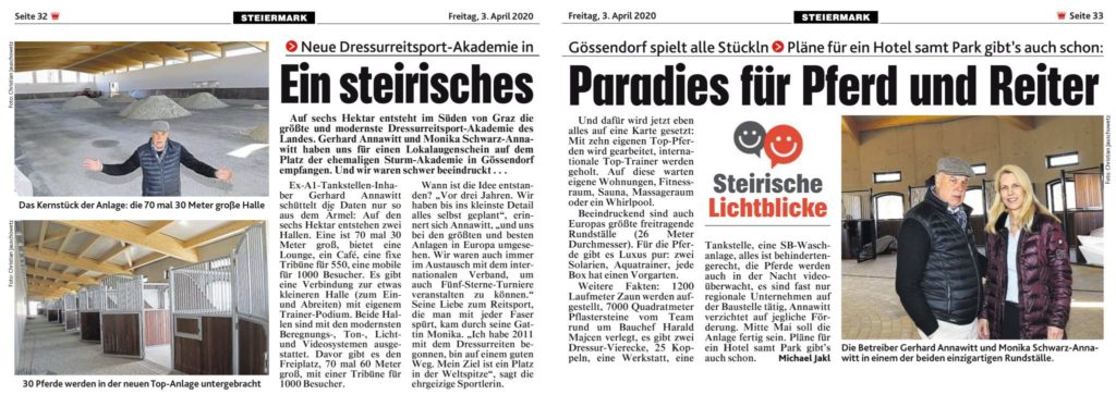 In der heutigen Ausgabe der Kronen Zeitung in der Serie „Steirische Lichtblicke“ ein Bericht zur Dressurreitsport-Akademie von Gerhard Annawitt und Monika Schwarz-Annawitt in Gössendorf.