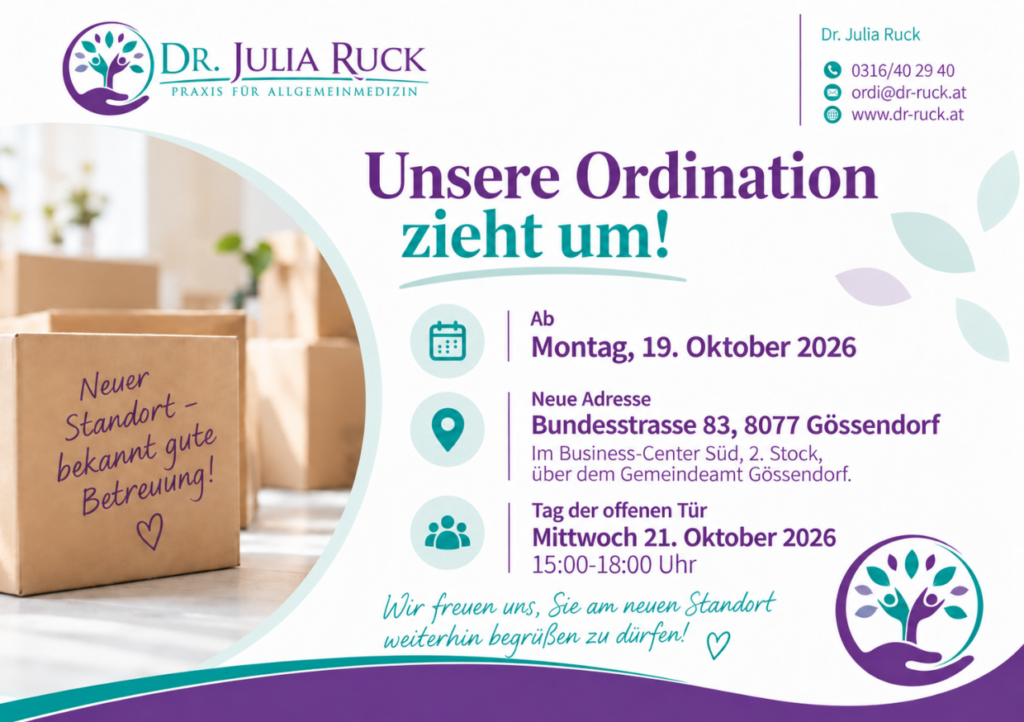 Dr. Julia Ruck: Die Ordination zieht ab 19.10.2026 um!