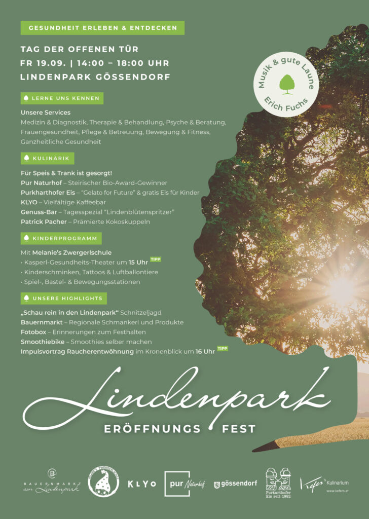 SAVE THE DATE 19.9. – Lindenpark Eröffnungsfeier – Gesundheitszentrum Gössendorf Tag der offenen Tür