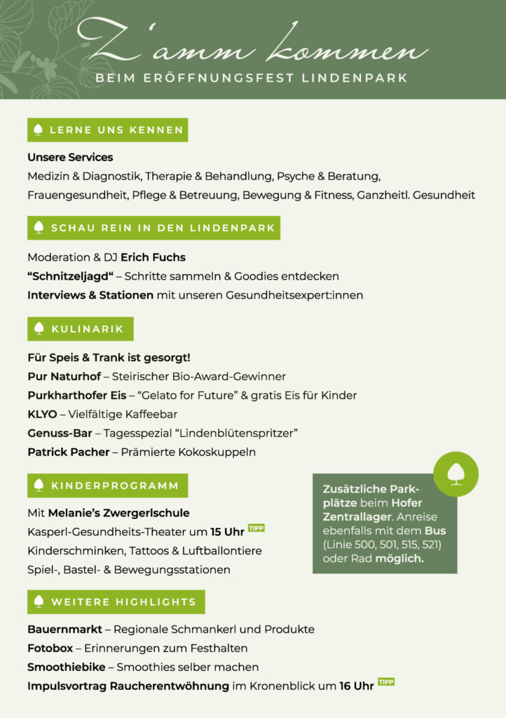 SAVE THE DATE 19.9. – Lindenpark Eröffnungsfeier – Gesundheitszentrum Gössendorf Tag der offenen Tür