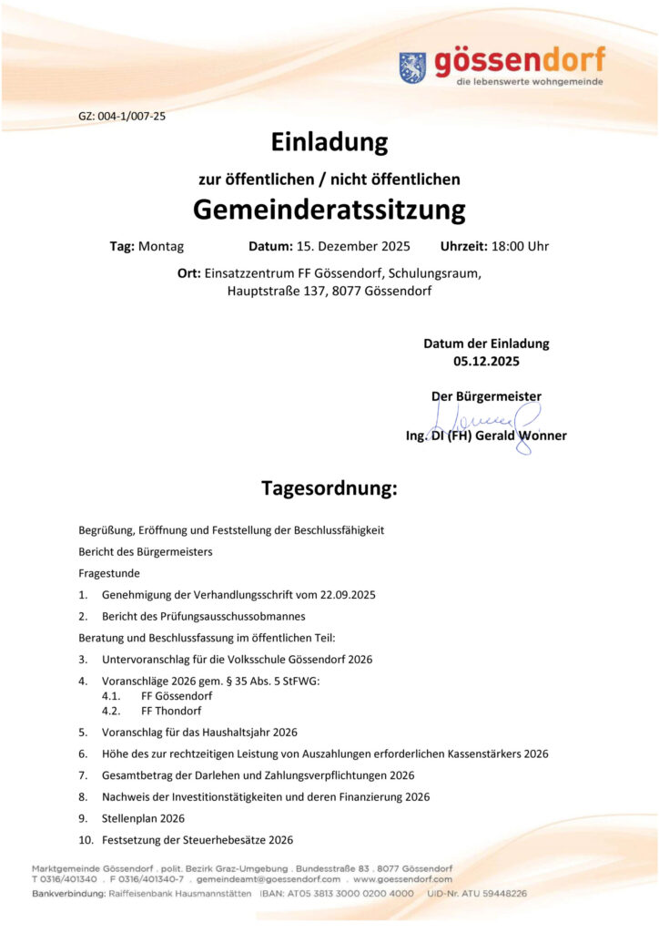 Transferzahlungen ans Land explodieren – Gössendorfer Gemeinderat beschließt einstimmig Sparmaßnahmen