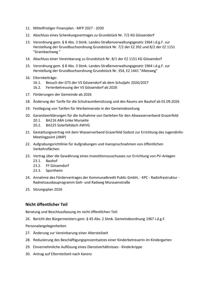 Transferzahlungen ans Land explodieren – Gössendorfer Gemeinderat beschließt einstimmig Sparmaßnahmen