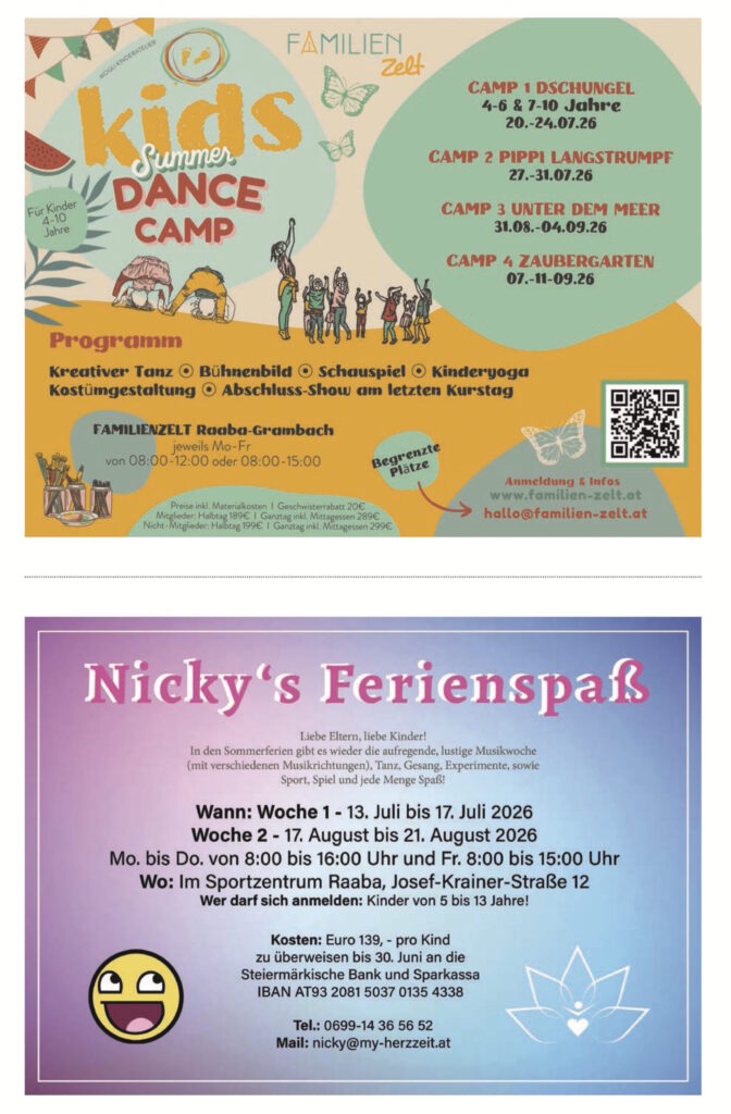 Sommercamps 2026 in Gössendorf, Hausmannstätten, Kalsdorf, Fernitz-Mellach Raaba-Grambach und Umgebung