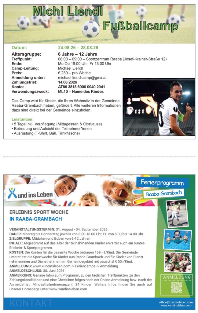 Sommercamps 2026 in Gössendorf, Hausmannstätten, Kalsdorf, Fernitz-Mellach Raaba-Grambach und Umgebung