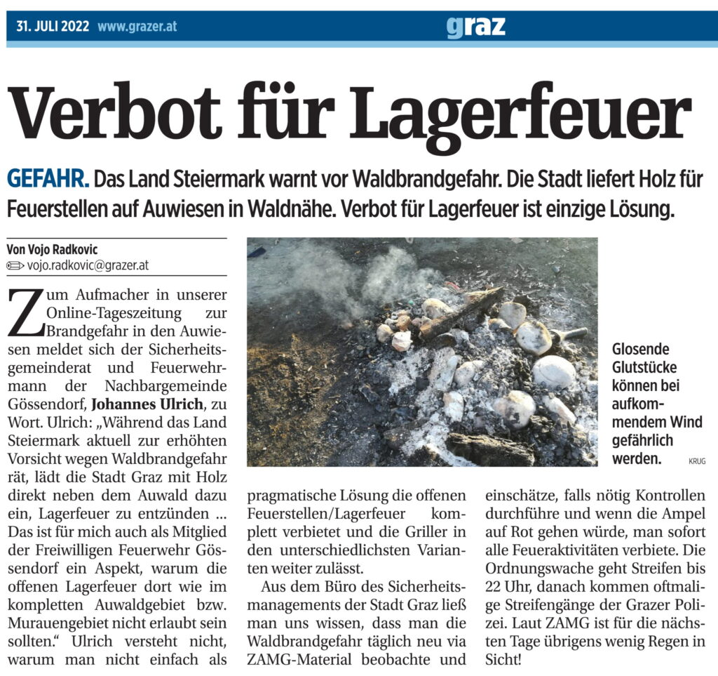 Grazer 31. Juli – Verbot von Lagerfeuern auf den Auwiesen – mein Vorschlag und Begründung: Auwiesen Vorschlag Feuerstellen verbieten – Griller erlauben