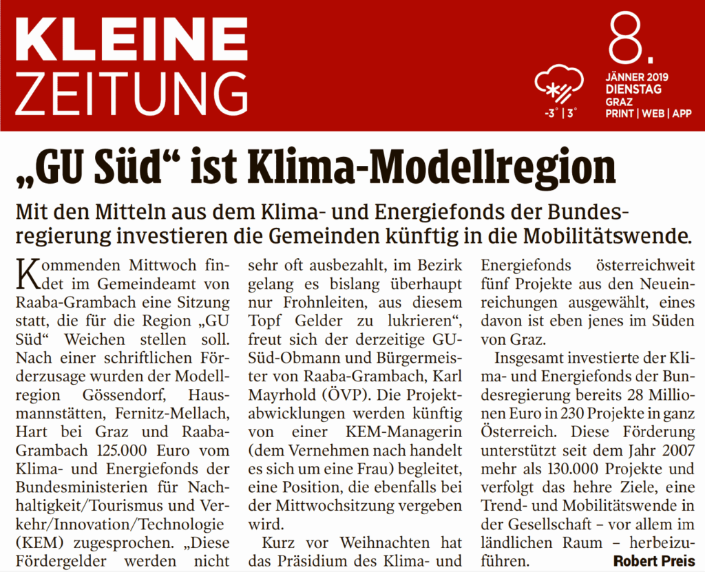 Kleine Zeitung 8. Jänner 2019 – Klimamodellregion „GU-Süd“ bestehend aus Gössendorf, Hausmannstätten, Fernitz-Mellach, Hart bei Graz und Raaba-Grambach wurde bewilligt