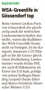 Kleine Zeitung 23.06. – WSA-Greenlife top beim GP Gössendorf