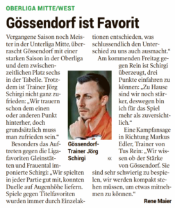 Kleine Zeitung 10.10. – SV Gössendorf Favorit im Oberliga Mitte Duell gegen Rein
