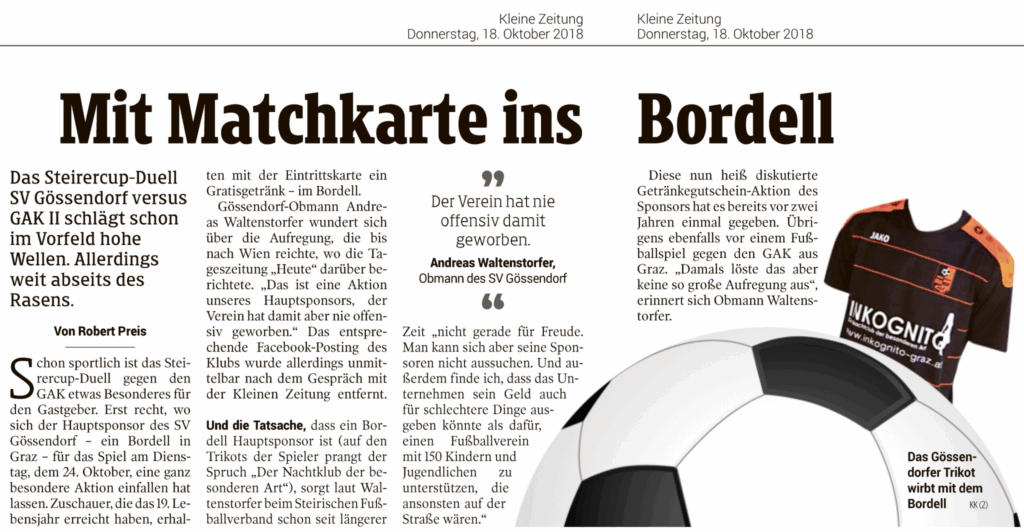 Kleine Zeitung 18. Oktober 2018 – Steirer-Cup Gössendorf gegen GAK Getränke Gutschein Inkognito