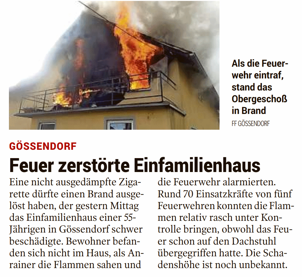 Kleine Zeitung 30. Dezember 2018 – Wohnhausbrand in Gössendorf