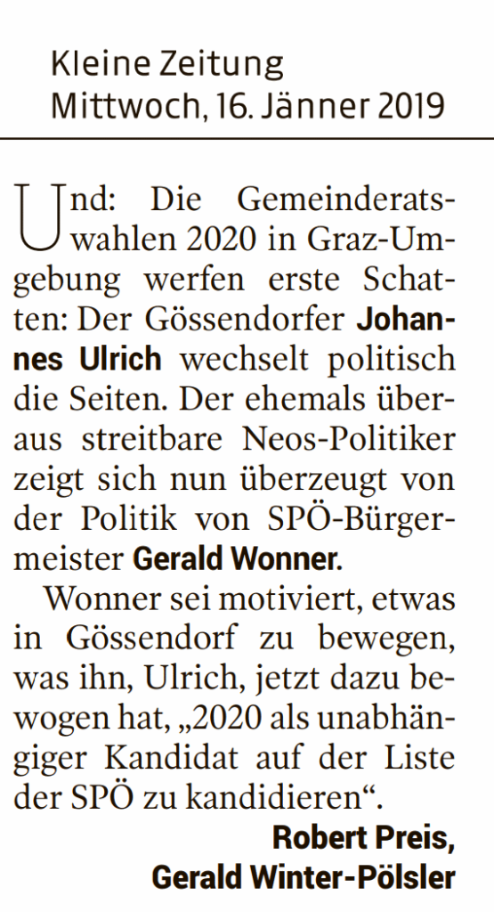 Kleine Zeitung 16. Jänner 2019 – Antreten für Team Gerald Wonner