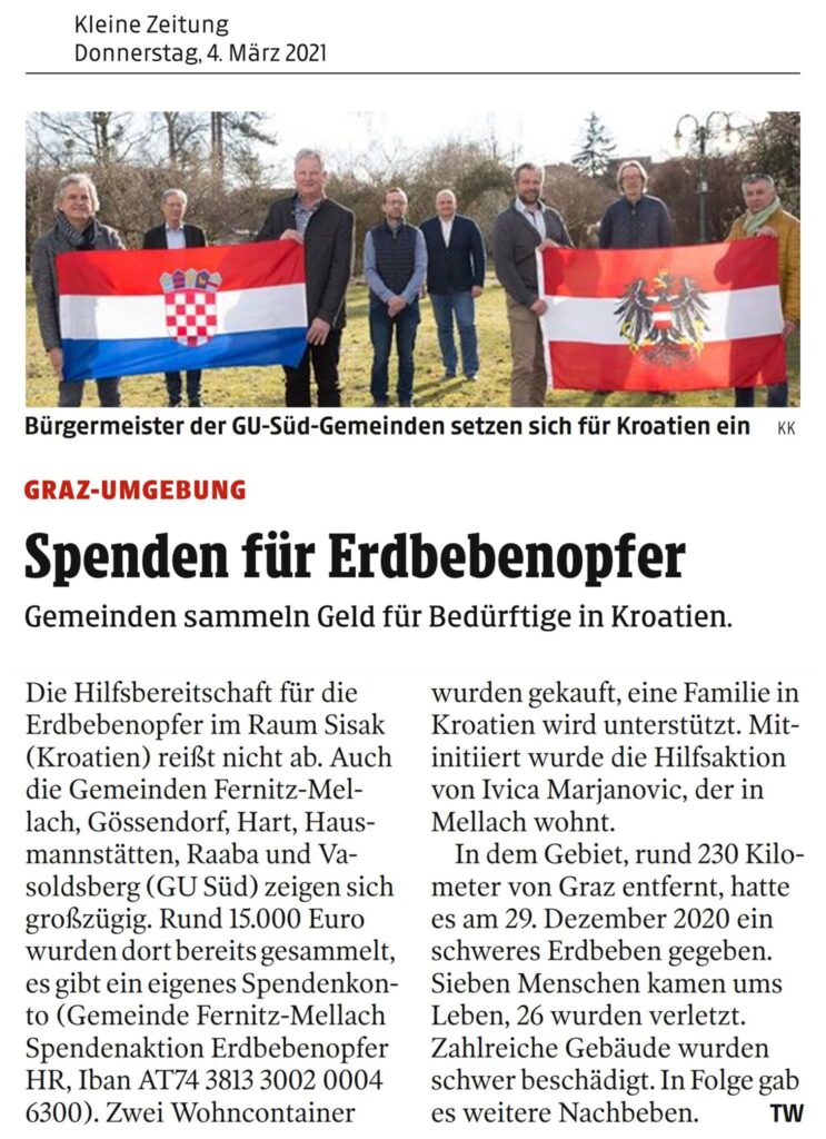 Kleine Zeitung 4. März – Spenden für Kroatien