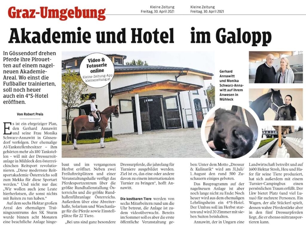 Kleine Zeitung 30. April 2021- Reitsportakademie Mühleck in Gösssendorf