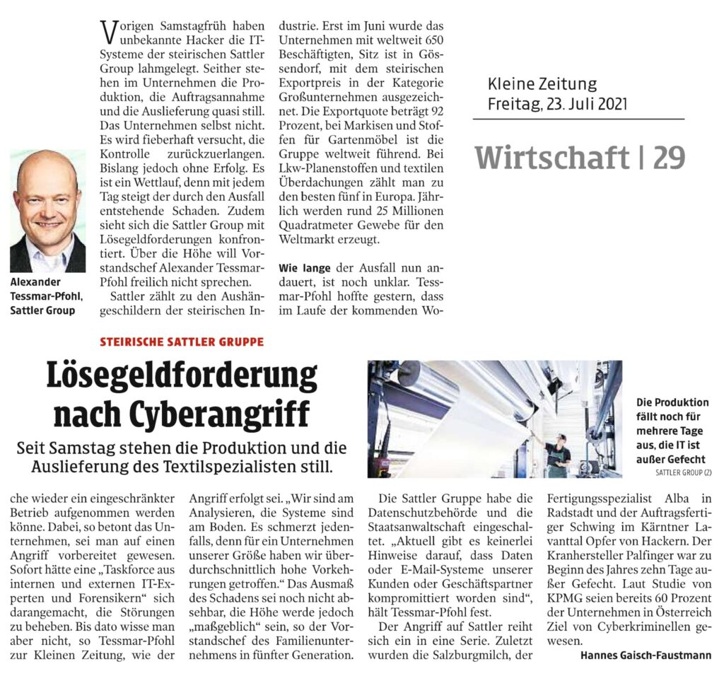 Kleine Zeitung 23. Juli – Lösegeldforderung nach Hackerangriff bei Sattler AG