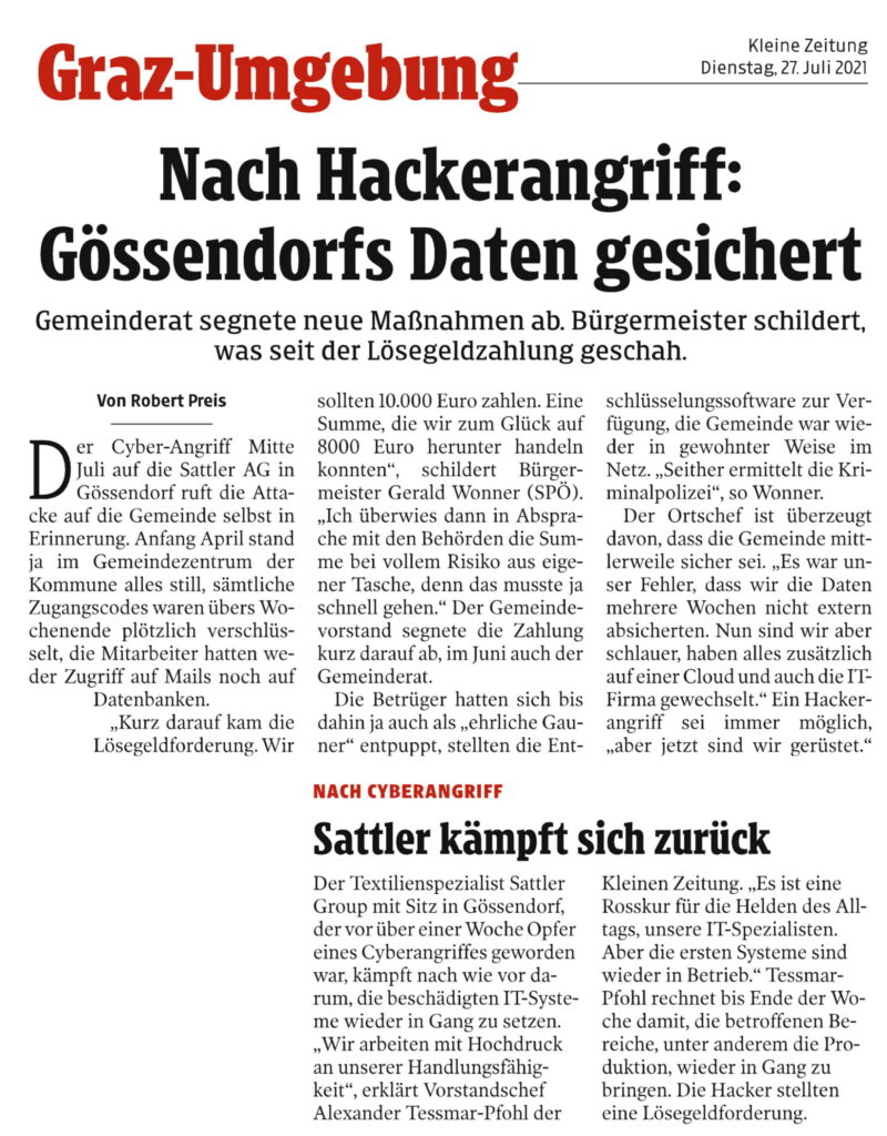Kleine Zeitung 27. Juli – Nach Hackerangriff: Gössendorfs Daten gesichert