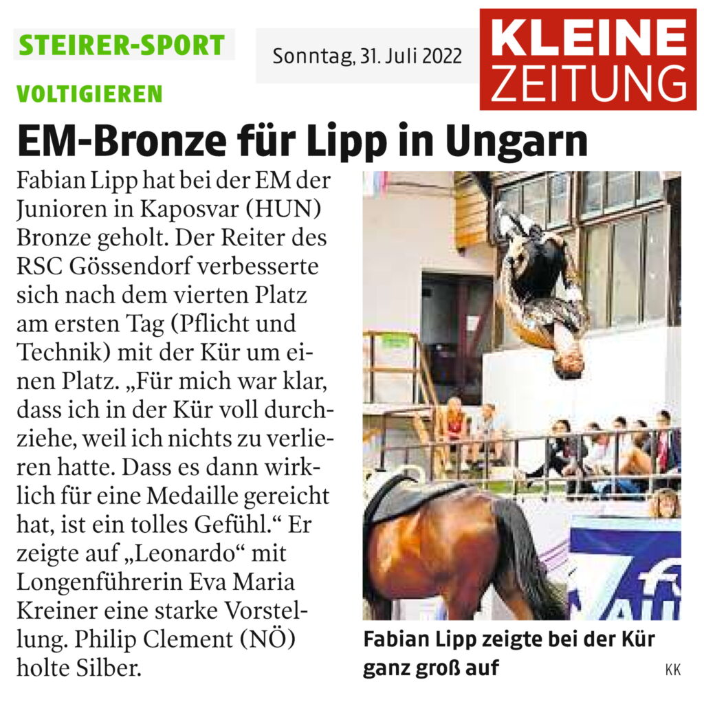 EM Bronze für Florian Lipp vom RSC Gössendorf beim Voltigieren – Kleine Zeitung 31. Juli 2022