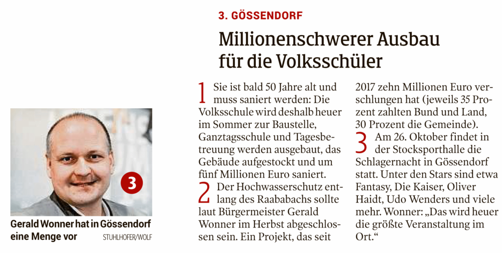 Kleine Zeitung 21. Jänner 2019 – Projekte der Marktgemeinde Gössendorf