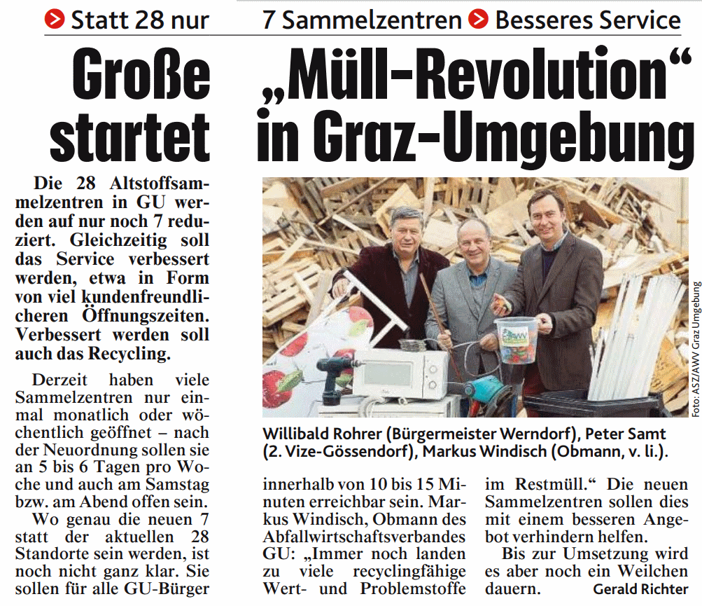 Kronen Zeitung 24. Jänner 2019 – Große „Müll-Revolution“ in Graz-Umgebung