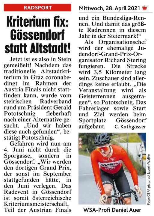 Kronen Zeitung 28. April – Rad Kriterium fix in Gössendorf