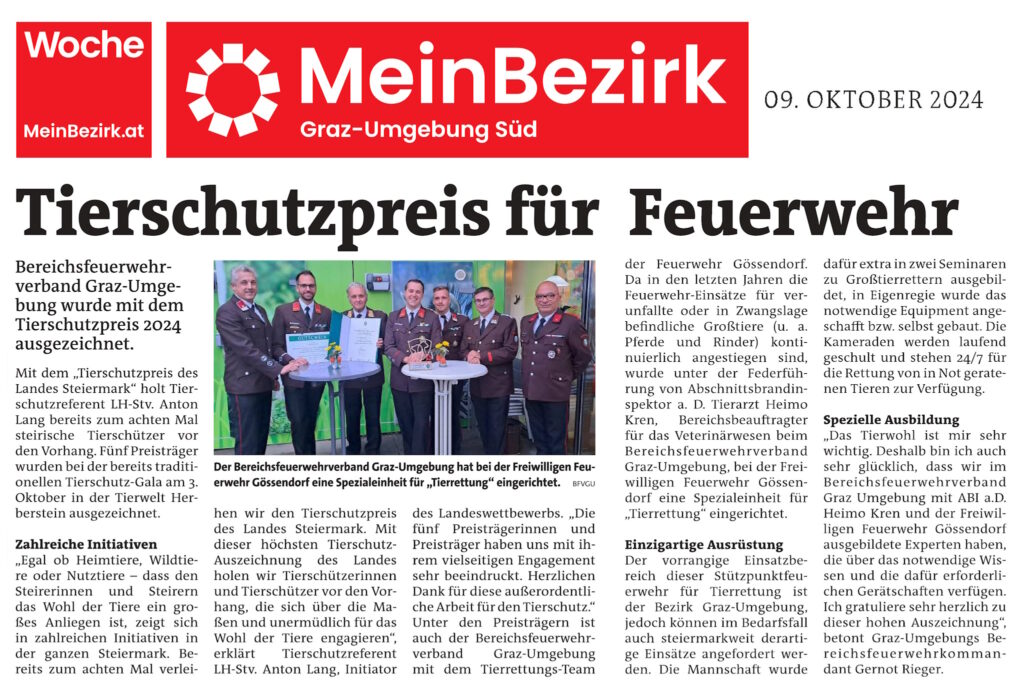 Tierschutzpreis für die Feuerwehr Gössendorf