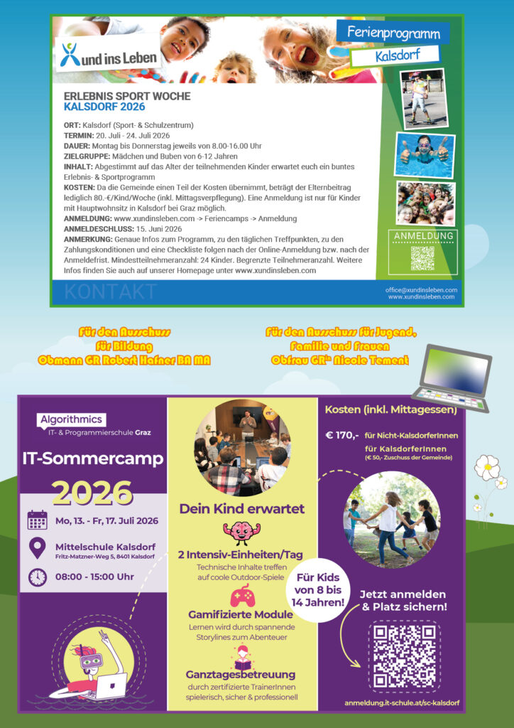 Sommercamps 2026 in Gössendorf, Hausmannstätten, Kalsdorf, Fernitz-Mellach Raaba-Grambach und Umgebung
