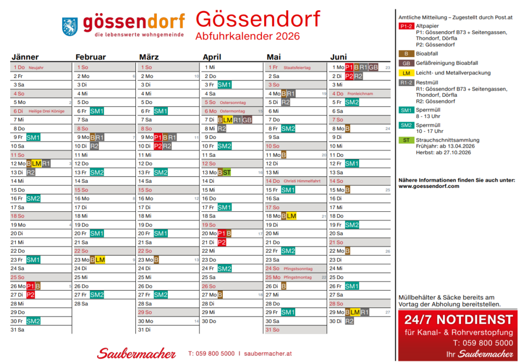 Gössendorfer Umweltkalender 2026, Gemeindezeitung Dezember & Apotheken Bereitschaftsdienst GU-Süd