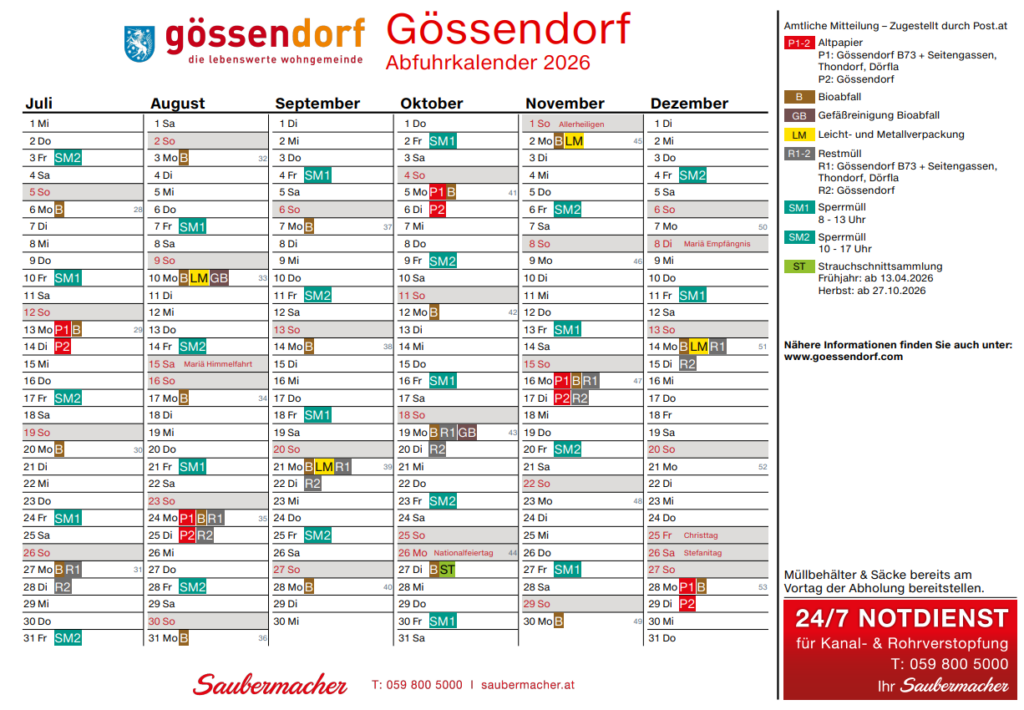 Gössendorfer Umweltkalender 2026, Gemeindezeitung Dezember & Apotheken Bereitschaftsdienst GU-Süd
