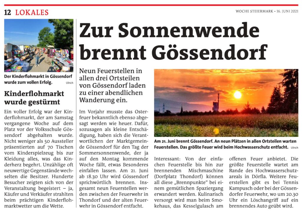 Woche Graz-Umgebung Süd 16. Juni: Erfolgreicher Kinderflohmarkt und Sonnwendfeuerwanderung in Gössendorf