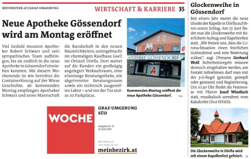 Woche Graz-Umgebung Süd 23. Juni: Eröffnung Neue Apotheke Gössendorf und Glockenweihe Kapelle Dörfa