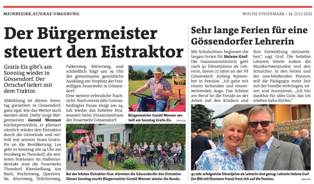 Woche Graz-Umgebung Süd: Eistraktor-Tour Gössendorf und „Ferien“ für Lehrerin Helene Graf