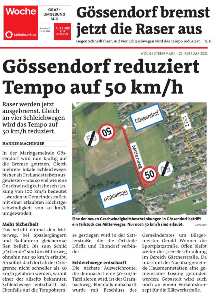 Tempo 50 auf Freilandstraßen in Gössendorf