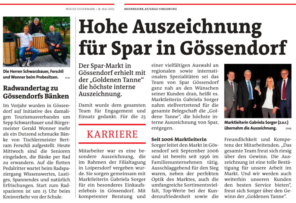 Woche GU-Süd 18. Mai – Auszeichnung für Spar Gössendorf und Radwandertag