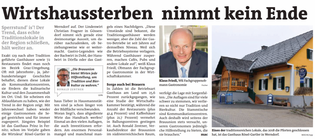 Woche 23. Jänner 2019 – Wirthaussterben – Lindenwirt mit drei Monaten Auszeit