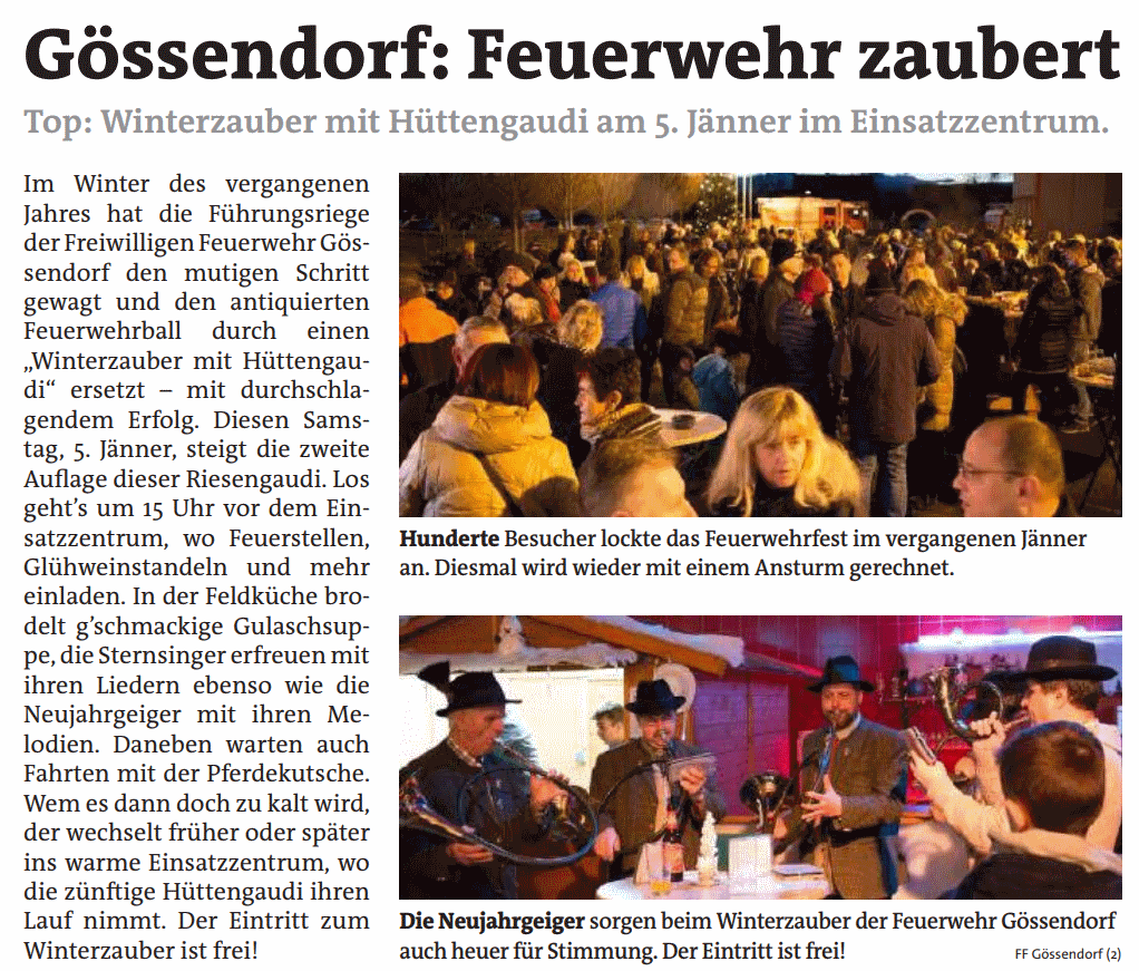 Woche GU-Süd 2. Jänner 2019 – Vorbericht zum zweiten Winterzauber der FF Gössendorf