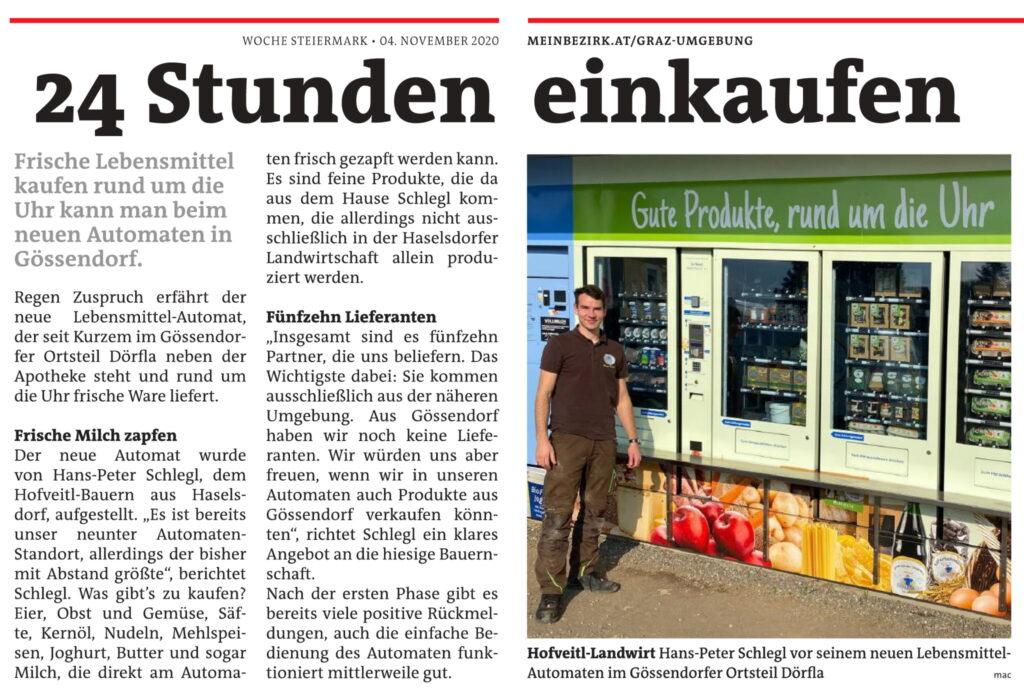 Absolute Empfehlung der 24 Stunden Automat von „Der Hofveitl“ in Gössendorf! Die Biomilch ist von Mantscha Müch und Glasflaschen sind ebenfalls beim Automat erhältllich.