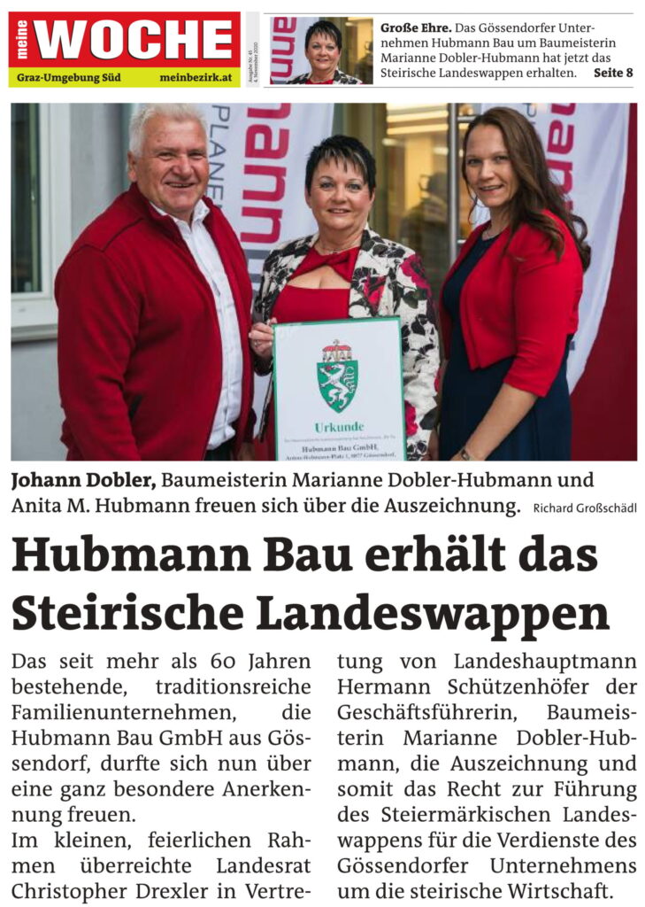 Herzliche Gratulation der Fam. Hubmann-Dobler zur Auszeichnung und Ehrung mit dem Steirischen Landeswappen und somit dem Recht dieses zu führen!