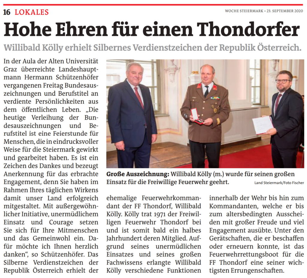 Ehrung Willibald Kölly, FF Thondorf